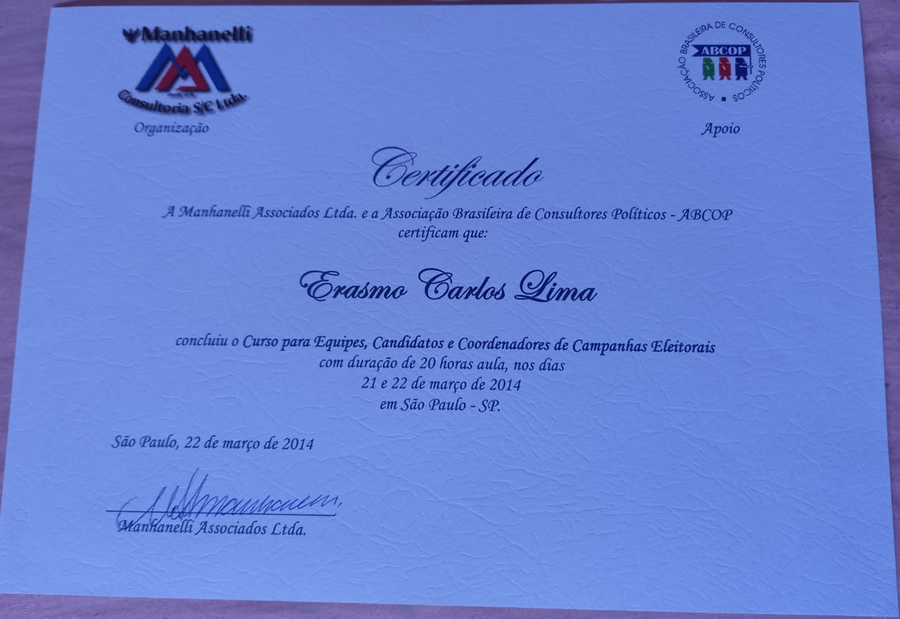 Imagem da Certificação Certificação da ABCOP - Associação Brasileira de Consultores Políticos - Carlos Manhanelli - São Paulo