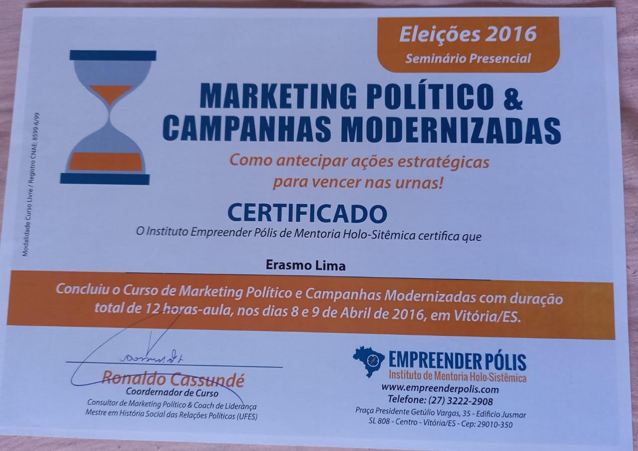 Imagem da Certificação Certificação - Seminário presencial -  Ações estratégicas para vencer eleições - Instituto EmpreenderPólis - Ronaldo Cassundé - Vitória ES