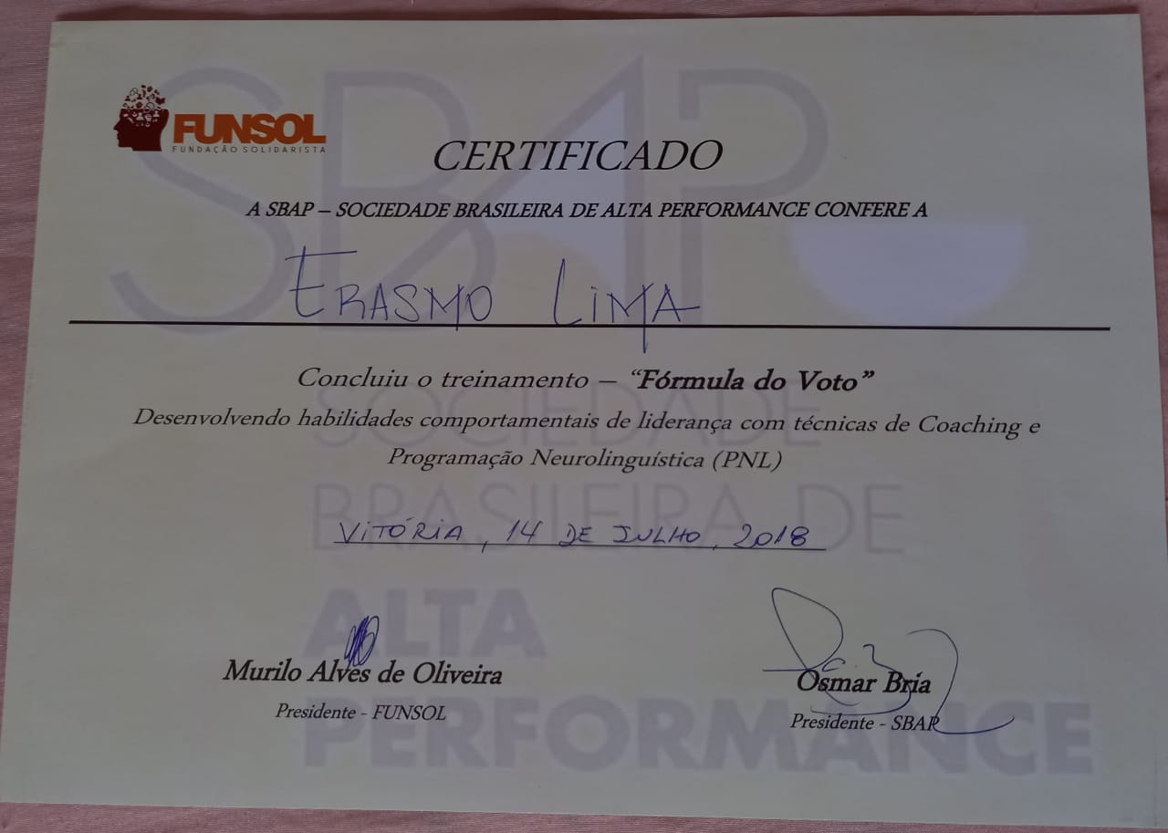 Imagem da Certificação Certificação - Seminário Fórmula do Voto - PNL (Programação Neuro Linguística) - Osmar Bria - Niterói - RJ